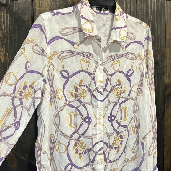 J. McLaughlin Button Front Top Size 8 Chains Straps Graphic Office 100% Cotton - Picture 2 of 8